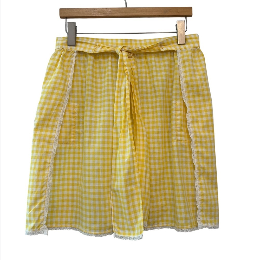 Handmade Yellow White Gingham Half Apron With Lace Trim Pockets Vintage Style - Picture 6 of 8